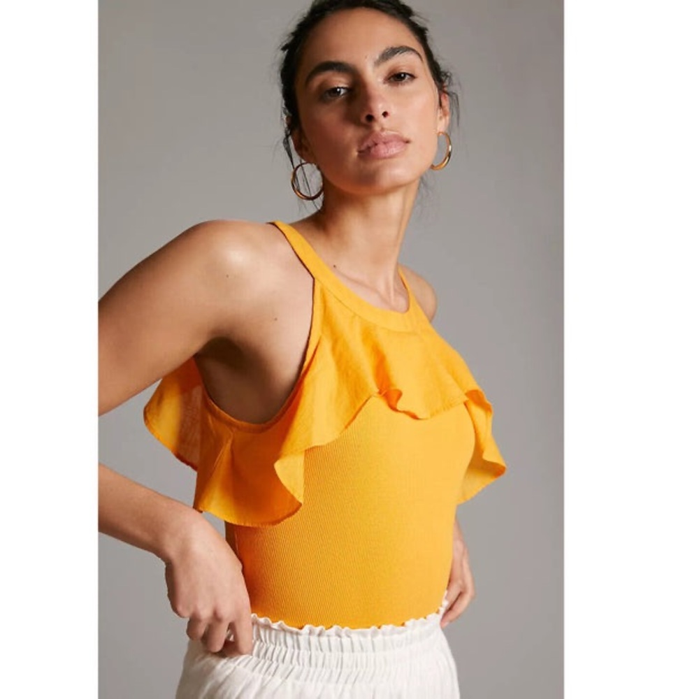 Anthropologie Maeve Ruffle Bib Ribbed Tank in Mango